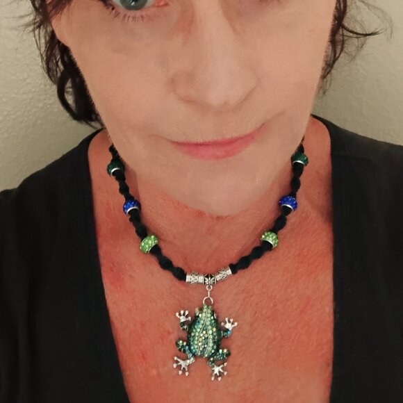 Adorable Green & Blue Rhinestone Frog on a Handmade Black Hemp Chain - Picture 2 of 6